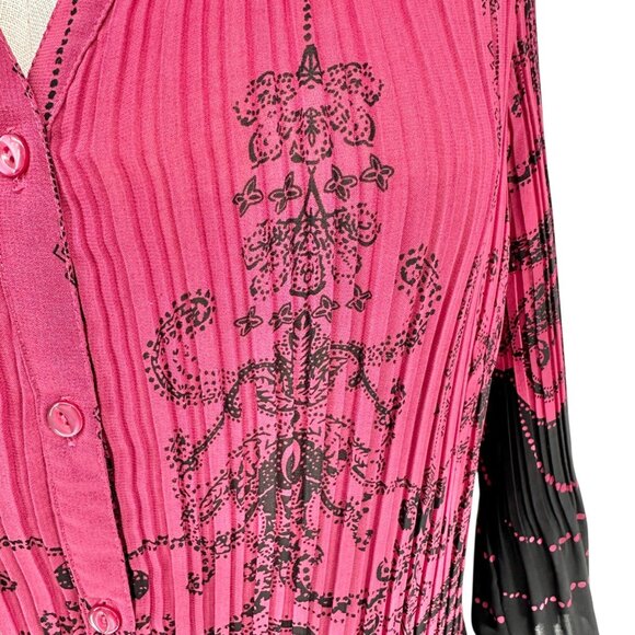 Lane Bryant Womens 18/20W Blouse Dark Pink Black Sheer Button-Down 3/4 Sleeves - Picture 2 of 8